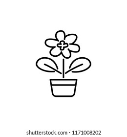 Black & white vector illustration of blooming houseplant  with leaves in pot. Line icon of decorative flowering home plant in container. Isolated object on white background.