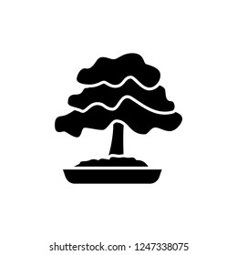 Black & white vector illustration of bonsai with leaves in pot. Decorative mini tree in container. Flat icon of indoor green foliage plant. Isolated object on white background