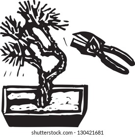 Black and white vector illustration of a bonsai