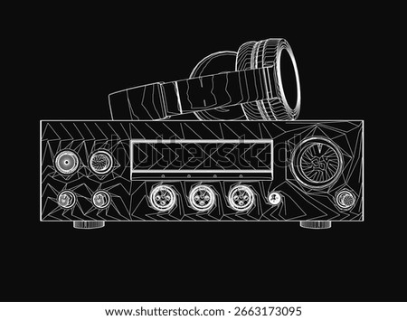 A black and white vector illustration of a boombox with intricate details and sleek contours. The retro audio equipment features headphones and a tape recorder design on a solid black background.