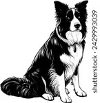 Black and White Vector Illustration of a Border Collie Dog Sitting