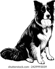 Ilustración vectorial en blanco y negro de un perro de Border Collie sentado