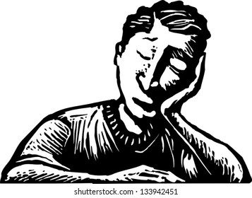 Black and white vector illustration of bored boy