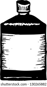 Black and white vector illustration of bottle of medicine