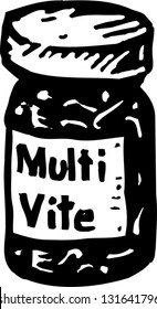 Black and white vector illustration of bottle of vitamins