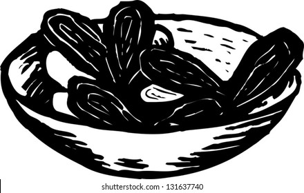 Black and white vector illustration of bowl of steamed clams