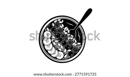 a black and white vector illustration of a bowl filled with fruit salad including bananas and berries with a spoon on a white background