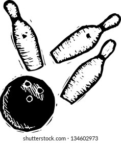 Black and white vector illustration of Bowling Ball and Pins