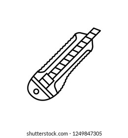 Black & white vector illustration of box cutter. Line icon of utility stationery knife. Isolated object on white background