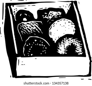 Black and white vector illustration of Box of Donuts