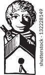 Black and white vector illustration of a boy building a birdhouse
