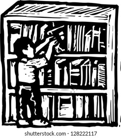 Black and white vector illustration of a boy in the library