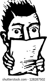 Black and white vector illustration of a boy reading a note
