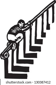 Black And White Vector Illustration Of Boy Sliding Down The Banister