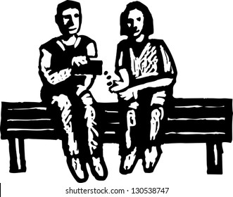 Black and white vector illustration of a boy and a girl sitting on a bench