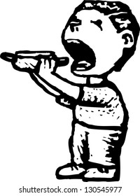 Black and white vector illustration of boy eating hotdog