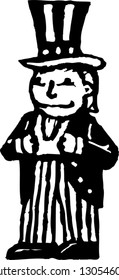 Black and white vector illustration of boy wearing the costume of uncle Sam