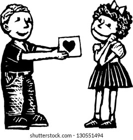 Black and white vector illustration of boy giving a Valentine card to a girl