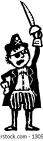 Black and white vector illustration of boy in Halloween pirate costume