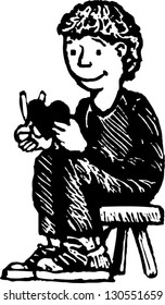 Black and white vector illustration of a boy cutting out a Valentine heart shape