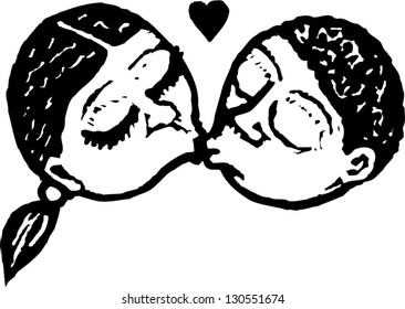 Black and white vector illustration of boy and girl kissing