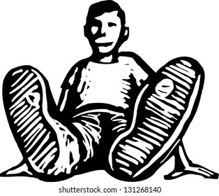 Black and white vector illustration of boy sitting down