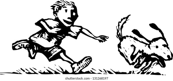 Black and white vector illustration of a boy running after a dog