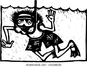 Black and white vector illustration of a boy snorkeling