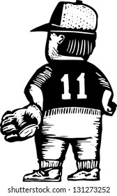 Black and white vector illustration of a boy playing baseball