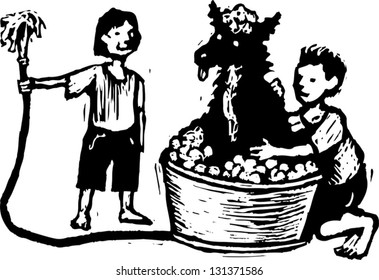 Black and white vector illustration of boy and girl washing dog