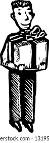 Black and white vector illustration of a boy holding a present