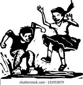 Black and white vector illustration of boy and girl jumping in puddle
