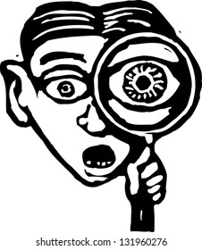 Black and white vector illustration of boy looking through magnifying glass