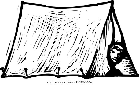 Black and white vector illustration of a boy in a tent