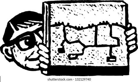 Black And White Vector Illustration Of A Boy Holding Ant Farm