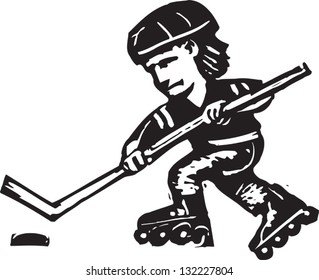 Black and white vector illustration of boy playing roller hockey