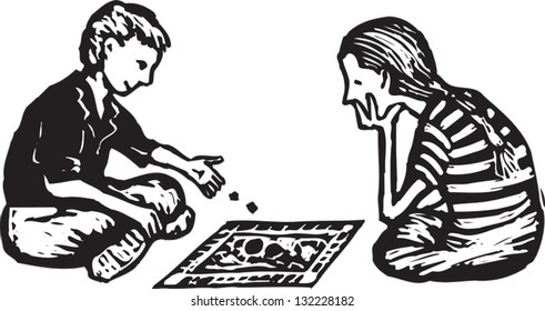 Black and white vector illustration of boy and girl playing board game