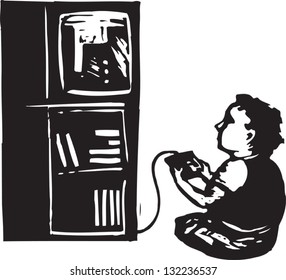 Black and white vector illustration of boy playing video game