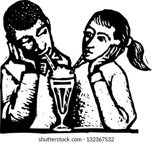 Black and white vector illustration of boy and girl sharing soda with straws