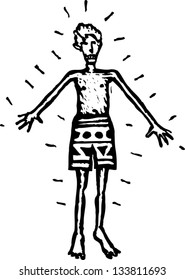 Black and white vector illustration of boy with sunburn