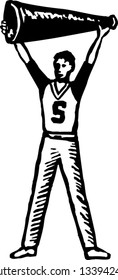 Black and white vector illustration of boy cheerleader