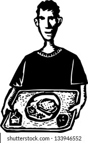 Black and white vector illustration of boy with cafeteria lunch tray