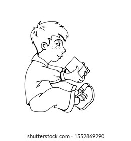 Black and white vector illustration with boy child playing educational games, line hand drawn