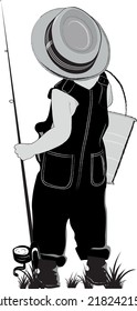 Black And White Vector Illustration Of A Boy Fisherman With A Fishing Rod