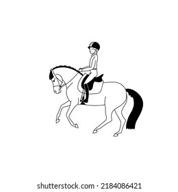 Black and white vector illustration of a boy riding a pony