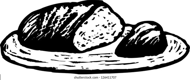 Black and white vector illustration of bread on plate