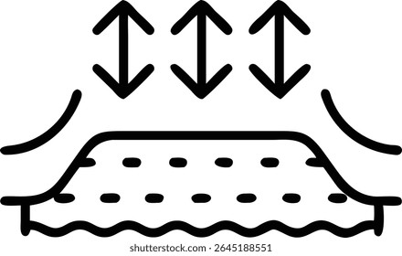 Black and white vector illustration of breathable fabric represented by a silhouette with arrows indicating air circulation and a textured surface.