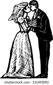 Black and white vector illustration of bride and groom kissing