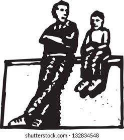Black and white vector illustration of brothers talking