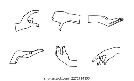 ilustración vectorial en blanco y negro. pincel. conjunto de iconos de gesto. la mano muestra un dedo. conjunto, colección. símbolos web planos en una línea. pulgar hacia abajo